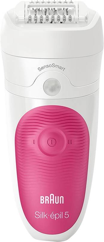 Bílý a růžový elektrický epilátor s nápisem 'Braun Silk-épil 5' a 'SensoSmart' na přední straně.