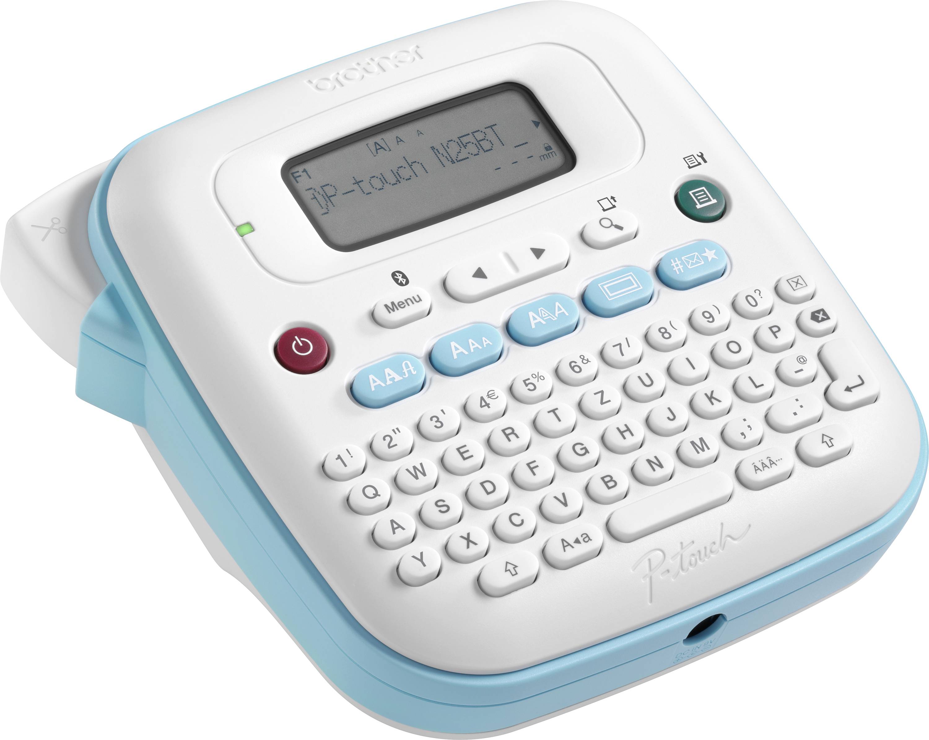 Přenosné štítkovací zařízení s klávesnicí QWERTZ, LCD displejem a funkčními tlačítky, vhodné pro tvorbu štítků.