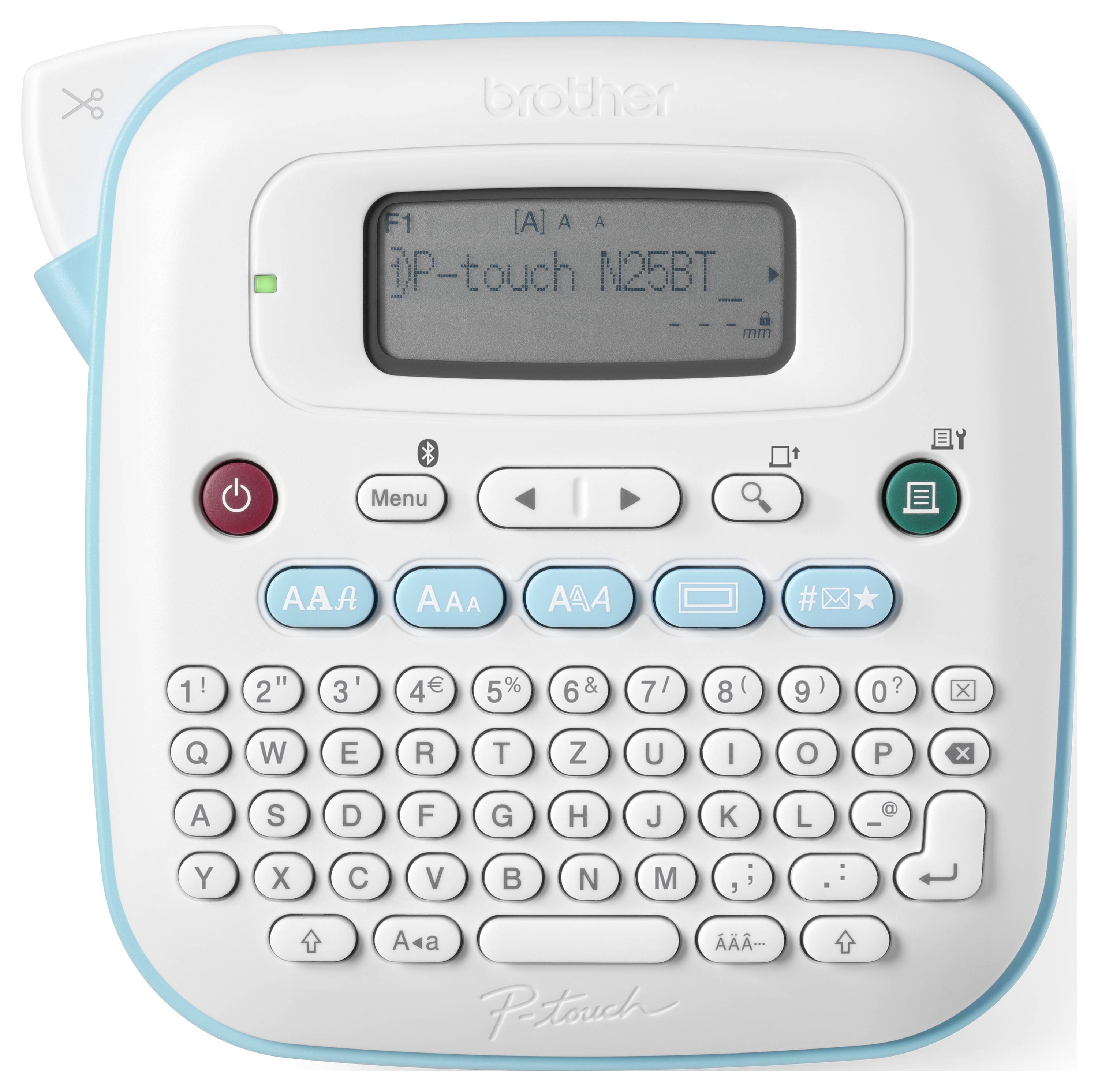Bílá tiskárna štítků s alfanumerickou klávesnicí a displejem. Na zařízení je viditelný text značky 'P-touch N25BT'.