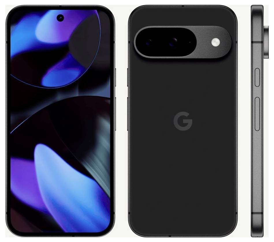 Smartphone ve třech pohledech: přední strana s displejem, zadní strana s fotoaparátem a logem G, a boční pohled s tlačítkovým panelem.