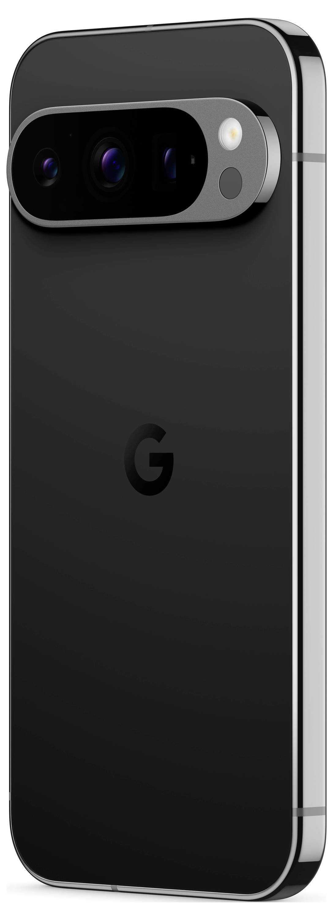 Černý smartphone s lesklým tělem, umístěný vertikálně. Na zadní straně je viditelný modul fotoaparátu s několika čočkami v horní části.