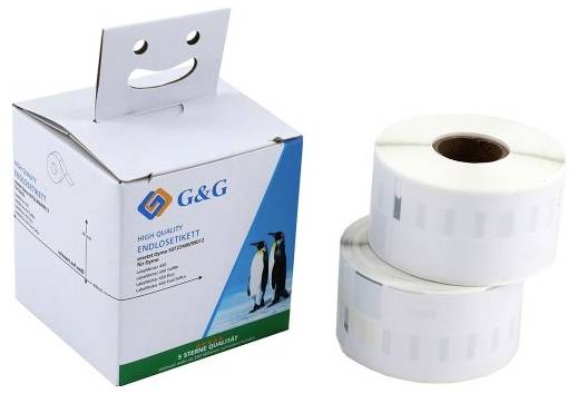 Karton s logem 'G&G' vedle dvou rolí etiketového papíru; štítek na kartonu zobrazuje obrázek tučňáka. Produktové balení a obsah jsou viditelné.