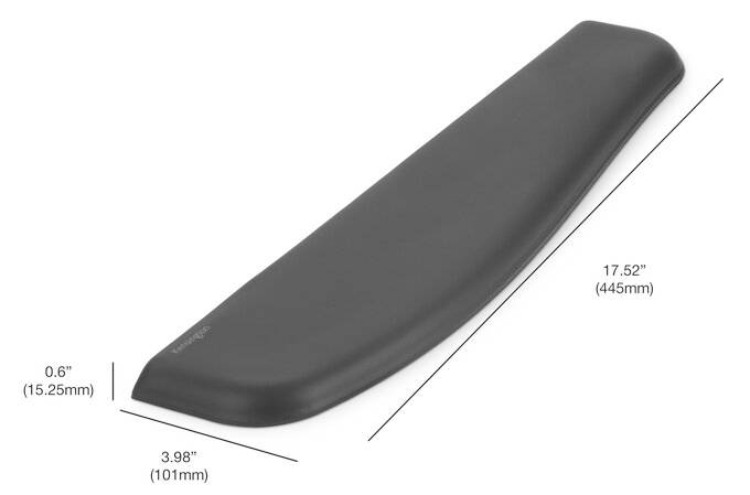 Polstrovaná opora ruky v černé barvě, dlouhá 17,52 palce (445 mm), široká 3,98 palce (101 mm) a vysoká 0,6 palce (15,25 mm), určená pro pohodlí a podporu.