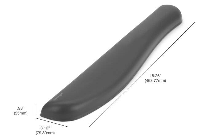 Černá ruční opěrka s rozměry: délka 18,26 palce (463,77 mm), šířka 3,12 palce (79,30 mm), výška 0,98 palce (25 mm).