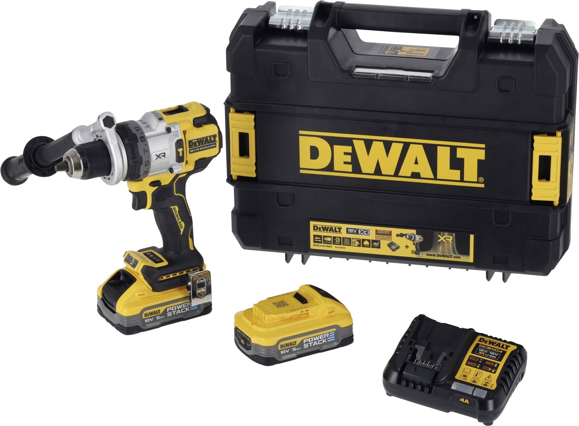 Sada akumulátorového šroubováku: Vrtací nástavec s rukojetí, dva dobíjecí akumulátory, nabíječka a černý kufřík na nářadí s žlutým logem 'DeWALT'.