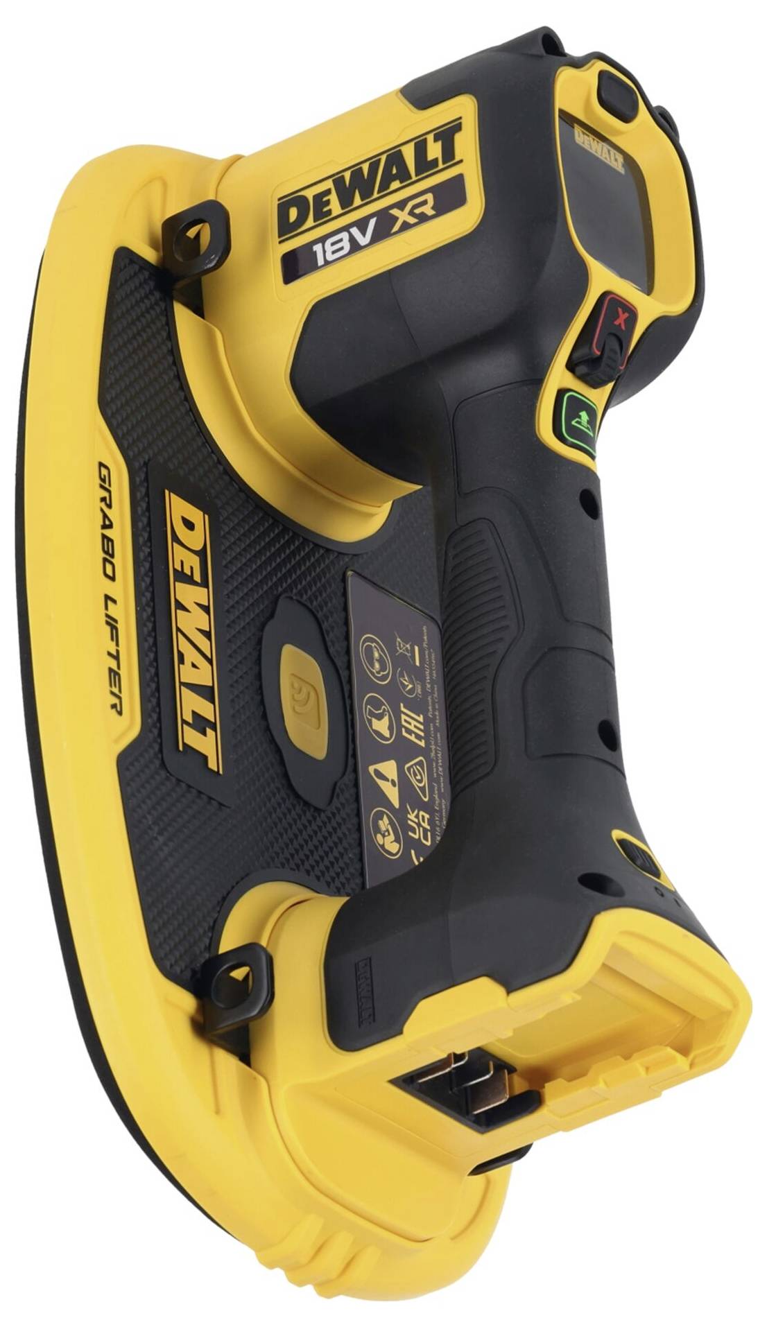 Vakuový zvedák DEWALT 18V XR v černé a žluté barvě. Zařízení je určeno pro zvedání materiálů s hladkým povrchem.