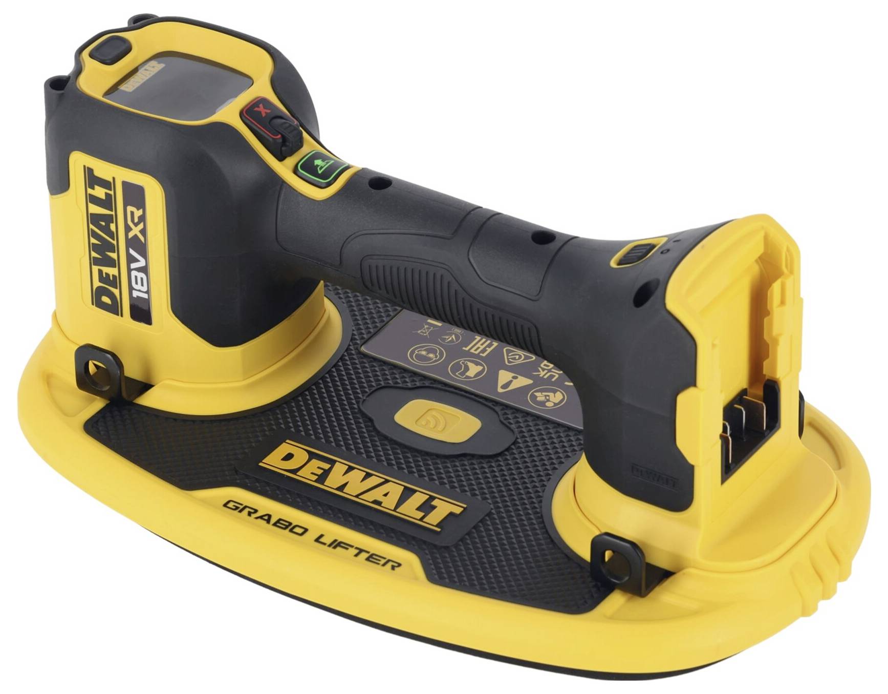 Žluté přenosné vakuové zvedací zařízení značky DeWALT s prostorem pro akumulátor, používané k manipulaci s těžkými materiály.