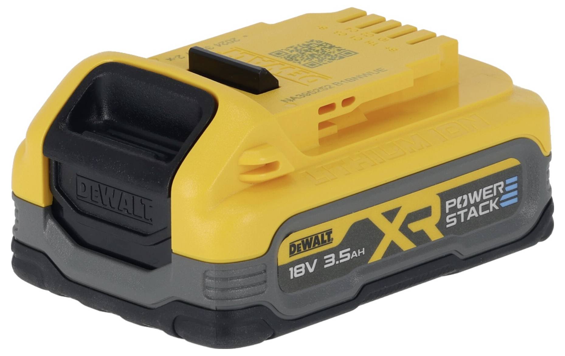 Žlutý akumulátor DeWalt 18V 3,5 Ah XR PowerStack s černou rukojetí.
