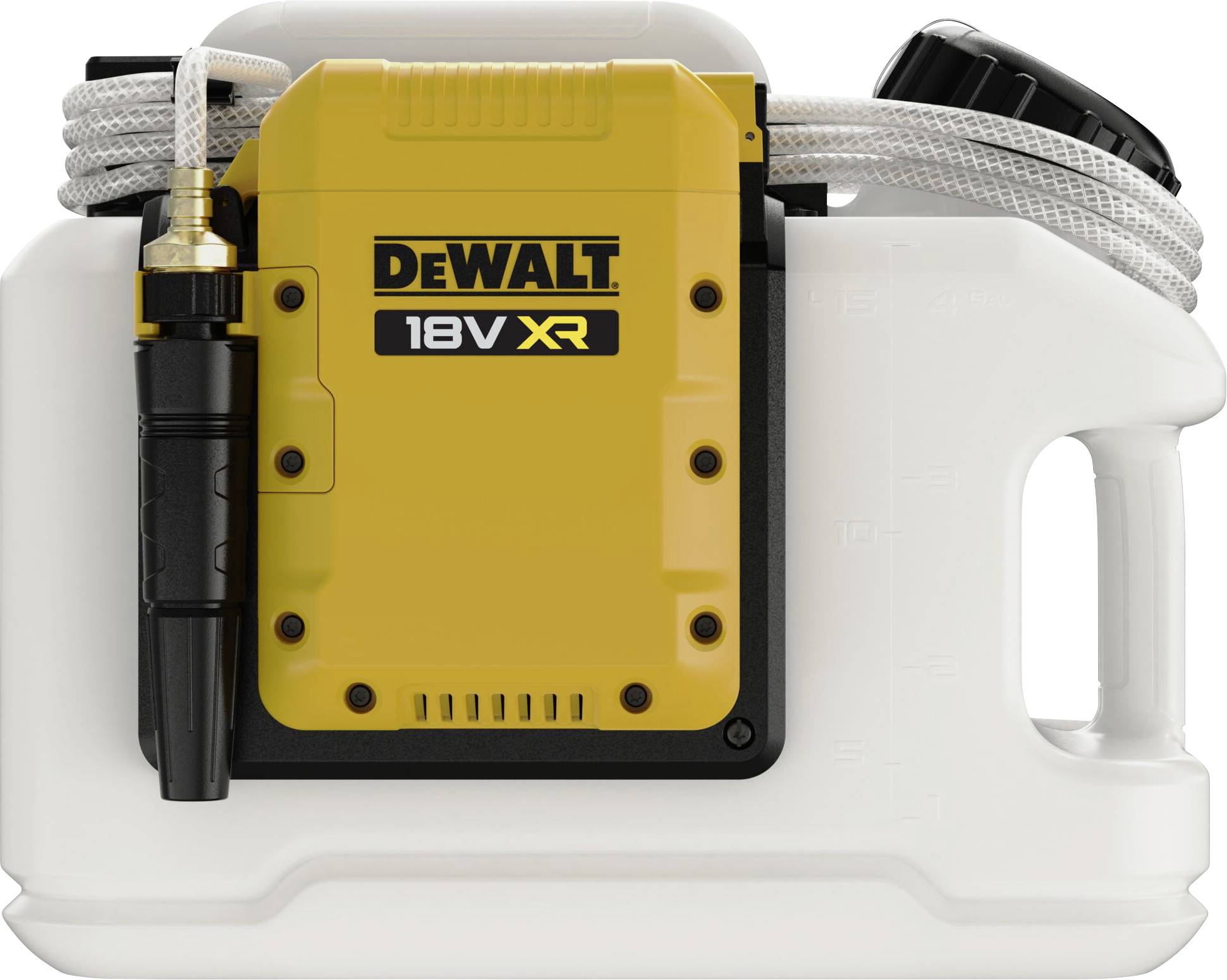 'Žlutý přenosný postřikovač DEWALT 18V XR s bílou nádrží a flexibilní hadicí, vhodný pro venkovní použití.'