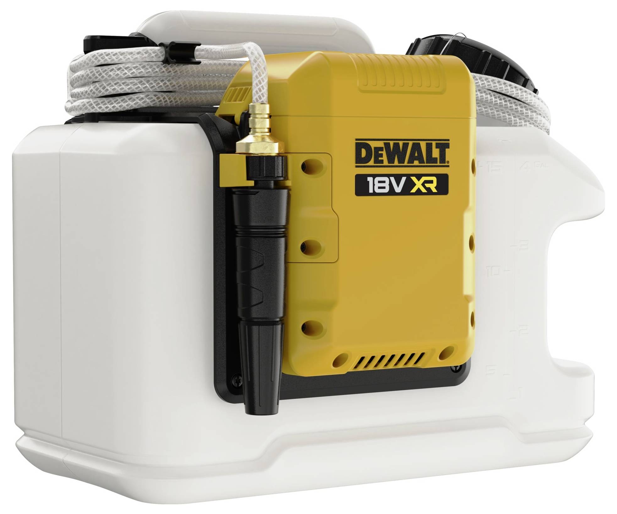 Přenosná postřikovací pumpa DEWALT 18V XR s bílou nádrží, žlutým tělem a černou hadicí. Ideální pro všestranné použití.
