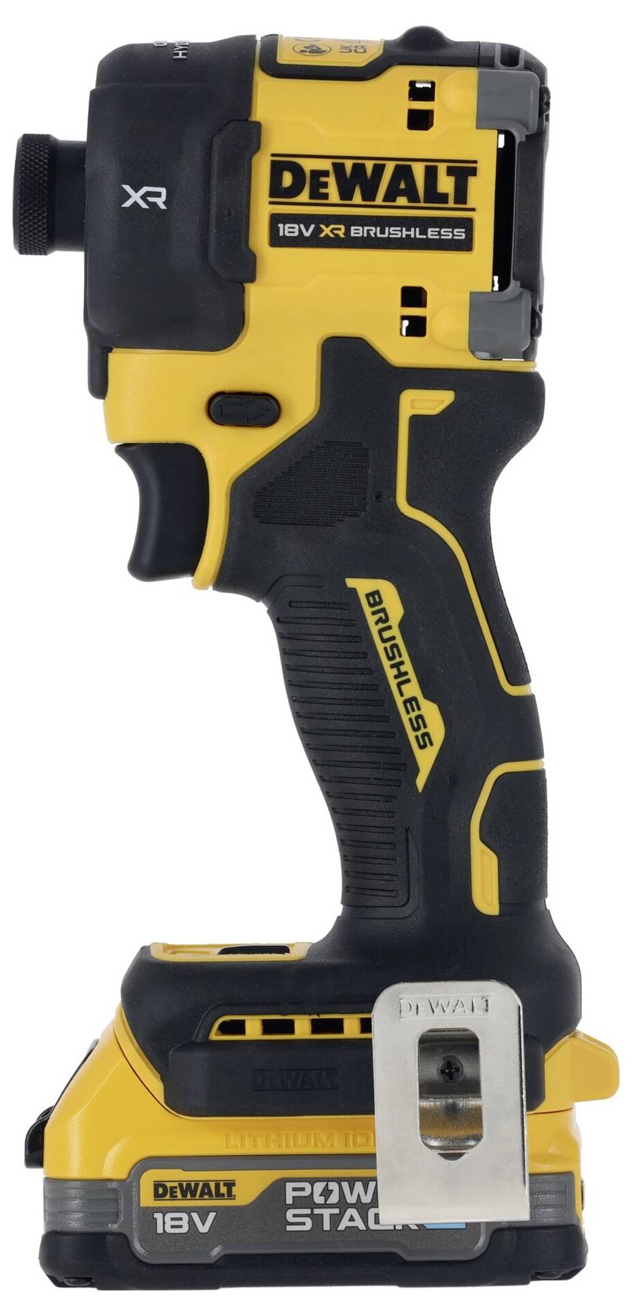 Žlutý a černý akumulátorový vrtací šroubovák značky DEWALT s výkonem 18V a bezkartáčovým motorem.