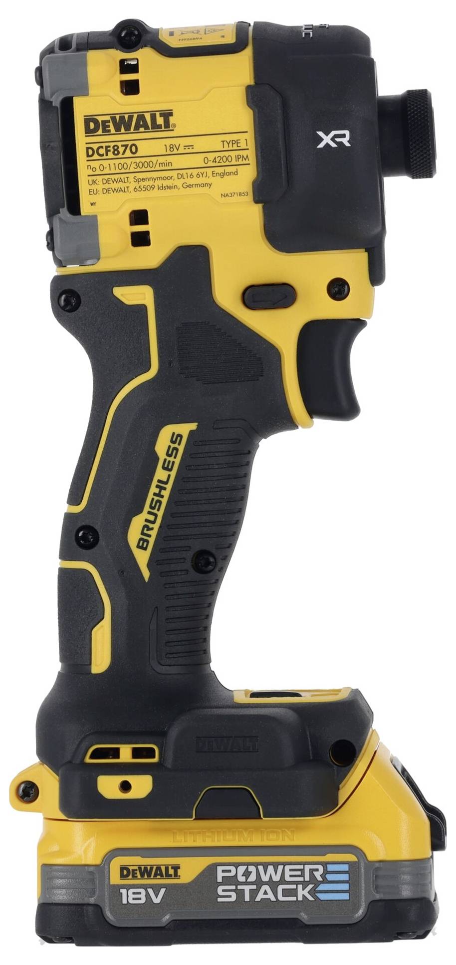 Kompaktní žluto-černý akumulátorový rázový šroubovák značky DEWALT, model DCFS870, s 18V baterií a technologií 'Brushless', pohled z boku.
