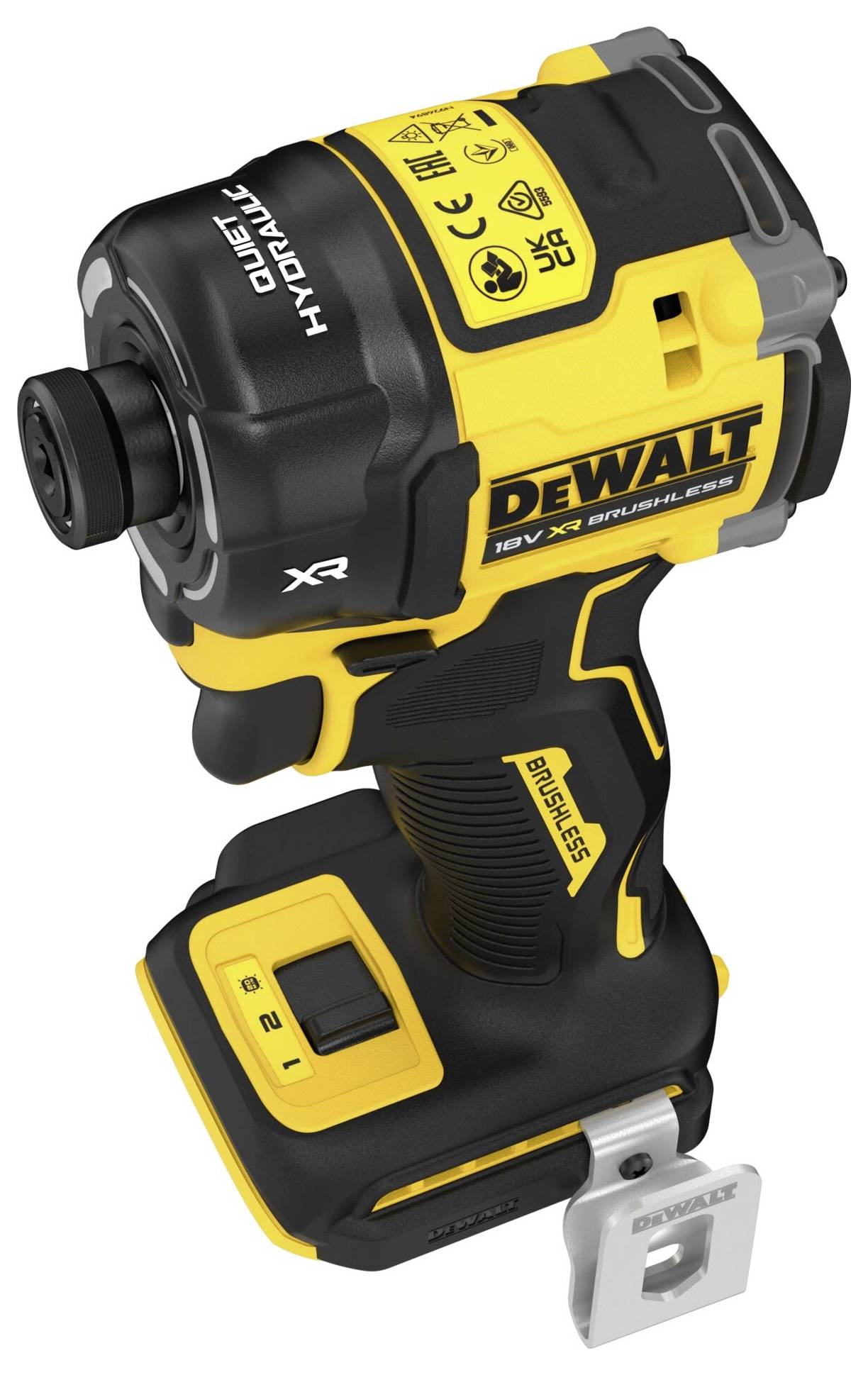 Žlutý a černý DeWalt akumulátorový rázový utahovák s bezkartáčovou technologií a 18V XR Li-Ion akumulátorem.