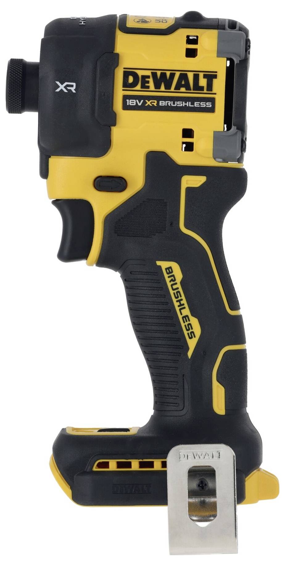 Akumulátorový šroubovák v černé a žluté barvě od DeWalt, model s bezkartáčovým motorem, 18V.