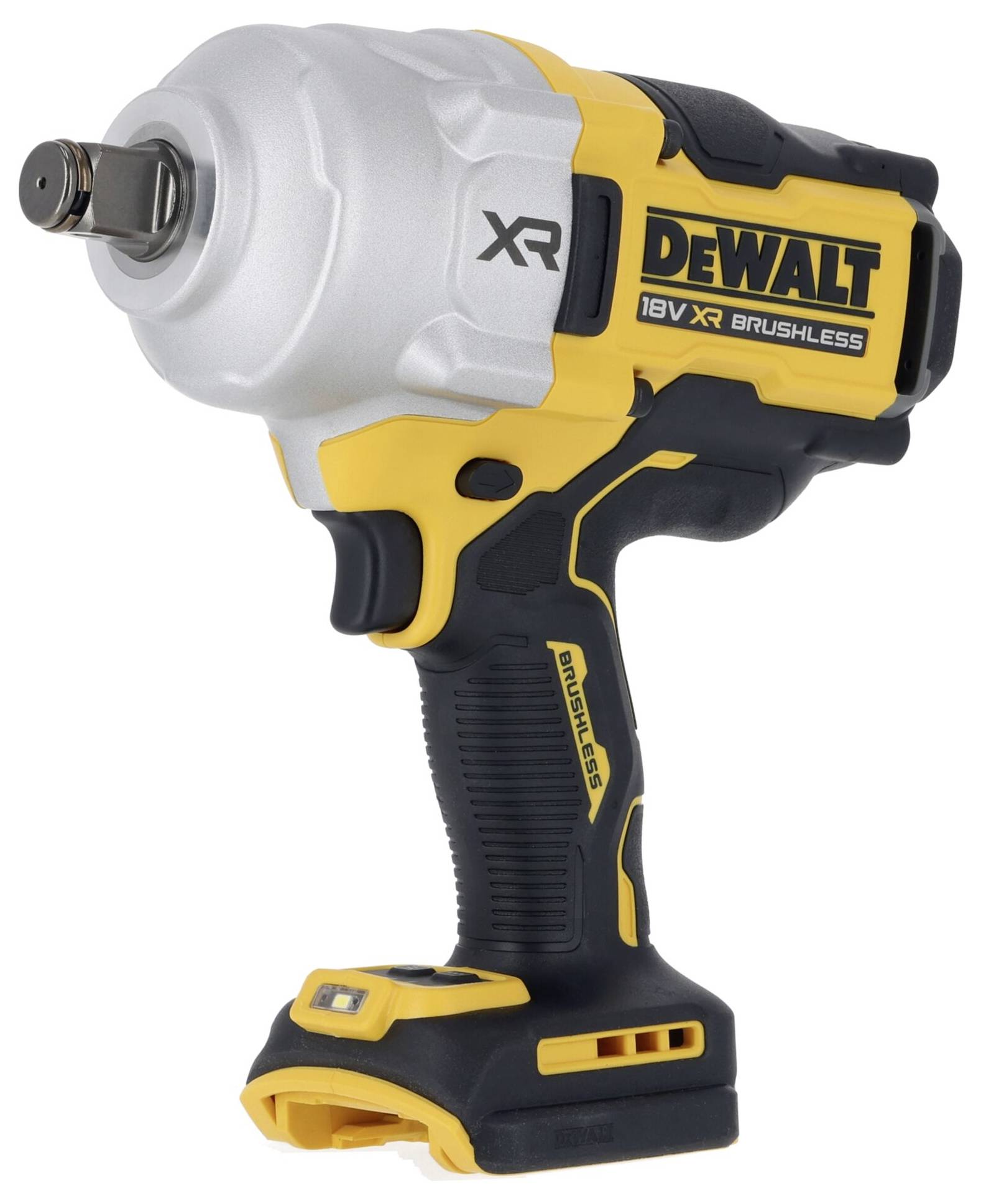 Akumulátorový rázový šroubovák v černo-žluté barvě se stříbrnou hlavou. Označení 'DeWALT' a '18V XR BRUSHLESS'. Vyvinut pro všestranné použití.
