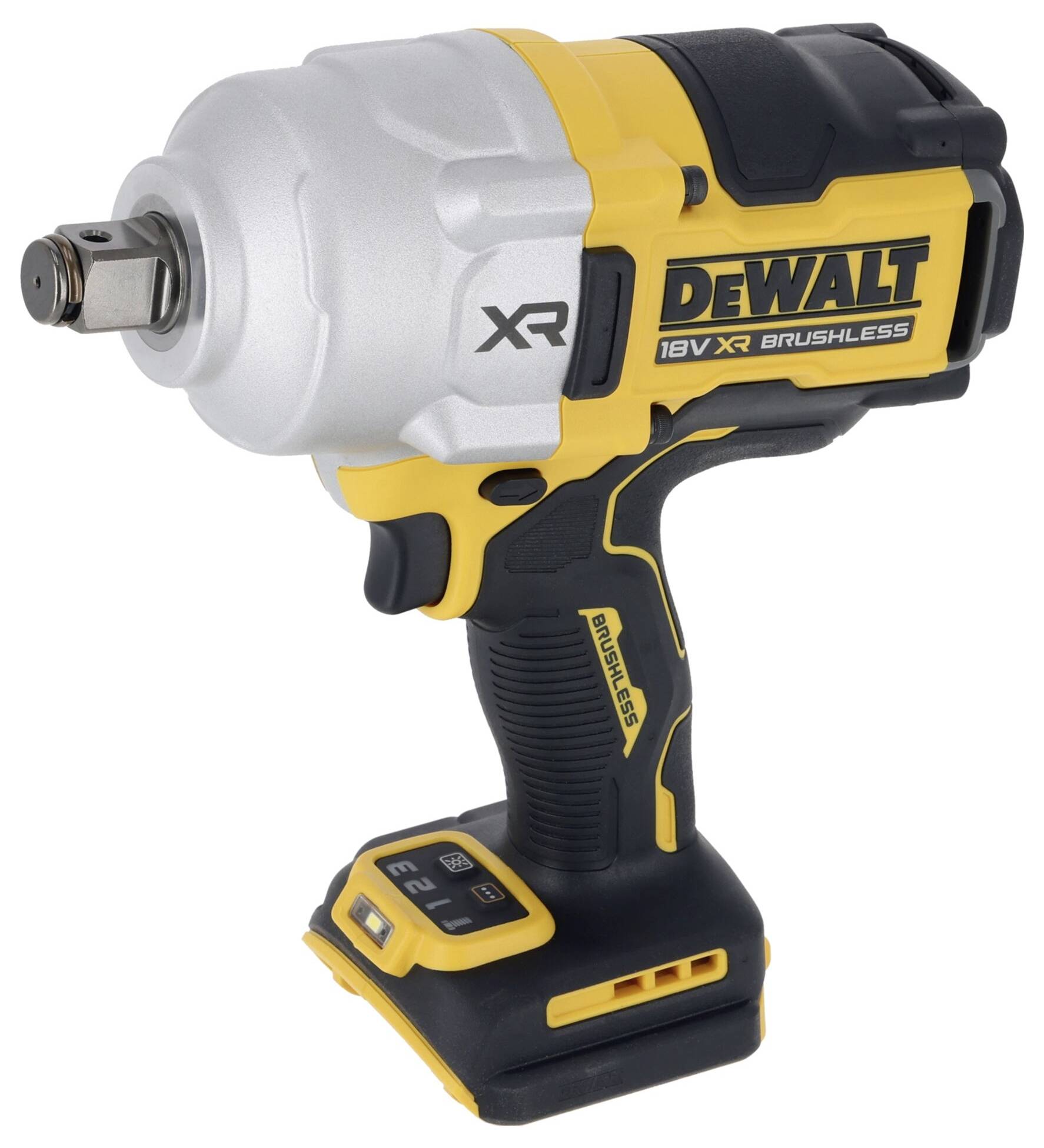 Akumulátorový rázový utahovák s žlutým a černým designem, značka DeWalt, model 18V XR Brushless.