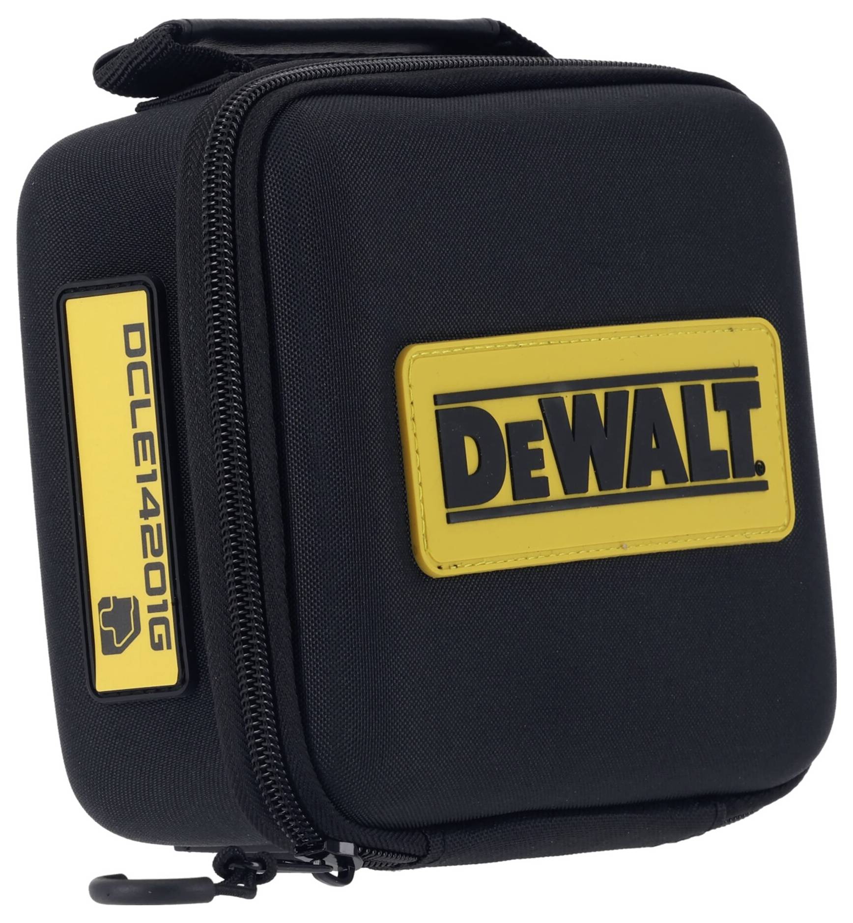 Černé pouzdro DeWalt s žlutým logem a nápisem 'DCLE1420G'. Vpředu zip, vhodné pro uchovávání nářadí.