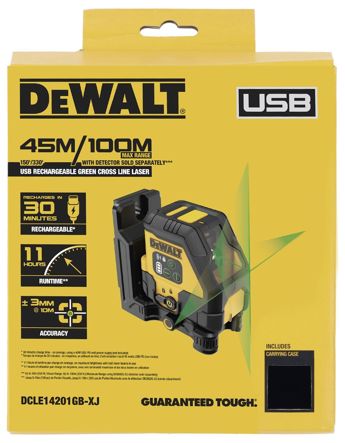 Balení DeWalt zeleného křížového laseru s USB připojením; dosah 45 m, výdrž 11 hodin, včetně přepravní tašky.