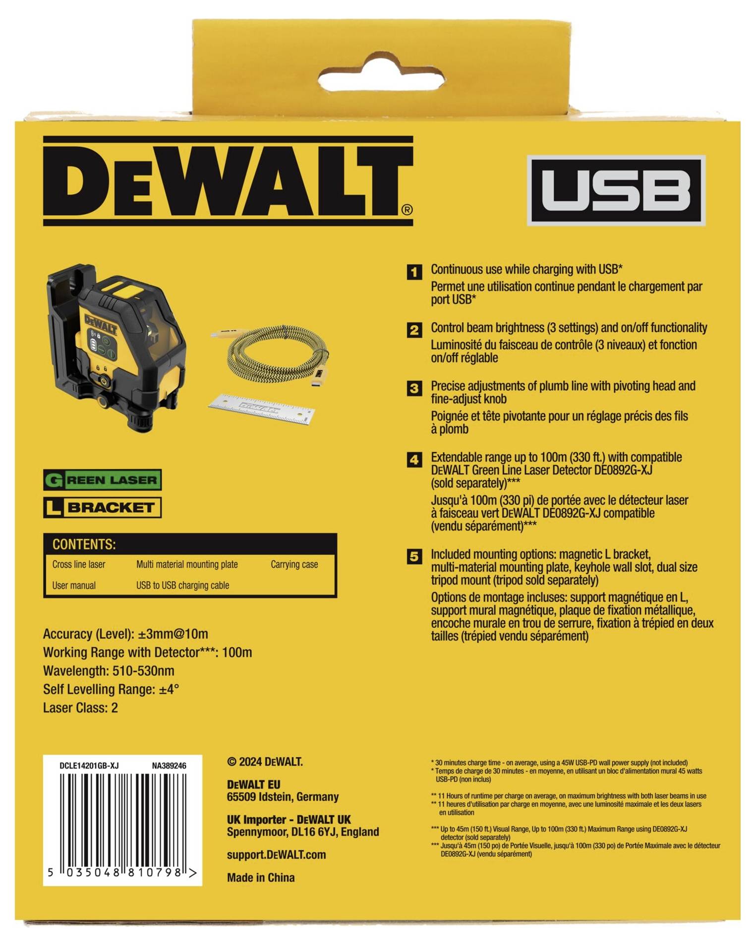 Žluté produktové štítek laserového nivelačního přístroje s funkcí nabíjení přes USB. Obsahuje technické údaje a rozsah dodávky. Značka: DeWalt.