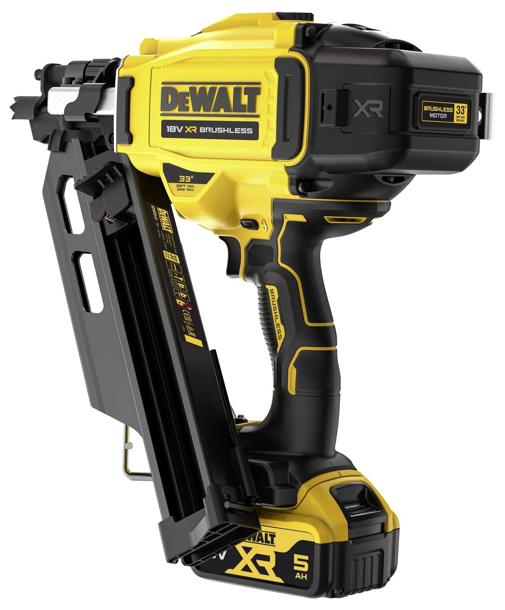 Žlutý a černý akumulátorový hřebíkovač značky DeWalt, model 18V XR, s bezkartáčovým motorem a 5Ah baterií. Ideální pro stavební práce.