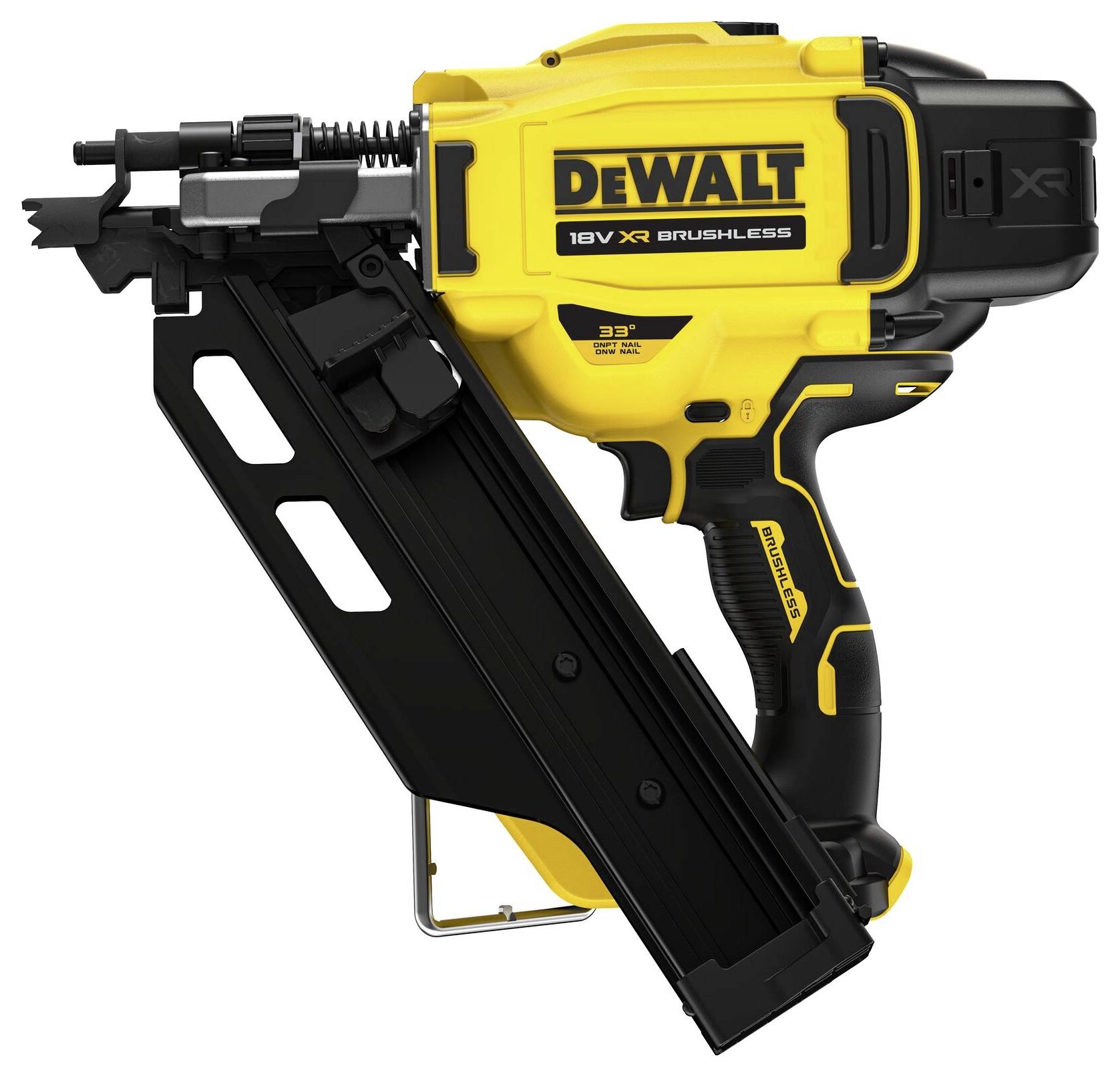 Žlutý a černý bezdrátový hřebíkovač DeWalt, model 18V XR Brushless, boční pohled s válcovým zásobníkem na hřebíky.