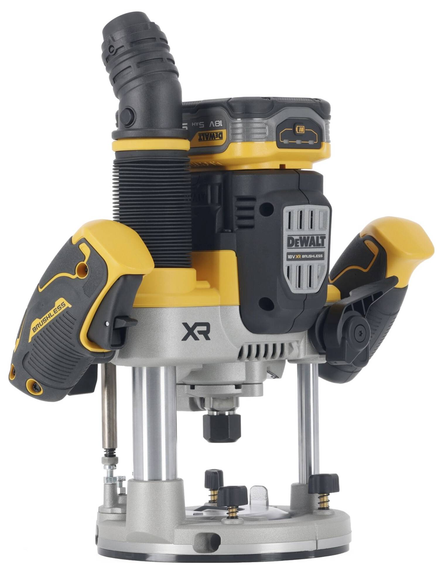 'Horní frézka se žlutým krytem a černými rukojeti, model DeWalt XR, určená pro práci se dřevem. Stabilní design, ergonomické rukojeti.'