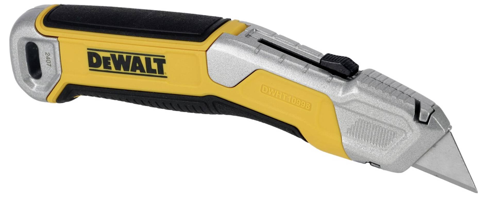Žluté a stříbrné řezací nože značky DeWalt s černou rukojetí, vhodné pro přesné řezání.