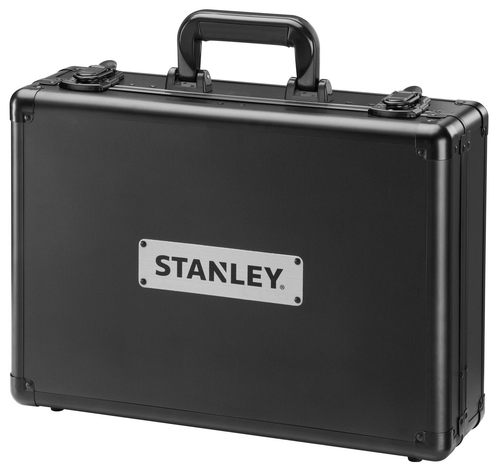 Černý kufřík na nářadí s rukojetí a zámky, logo značky 'Stanley' na přední straně.