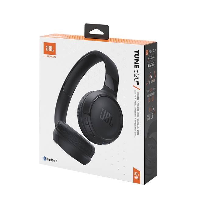 Balení bezdrátových sluchátek JBL Tune 520BT v černé barvě, s Bluetooth a výdrží baterie 57 hodin.
