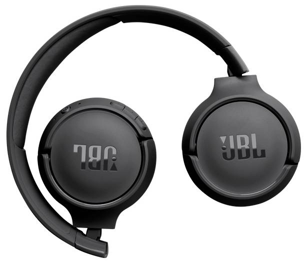 Černé bezdrátové sluchátka JBL, složené, na bílém pozadí. Vhodné pro poslech hudby a telefonní hovory.