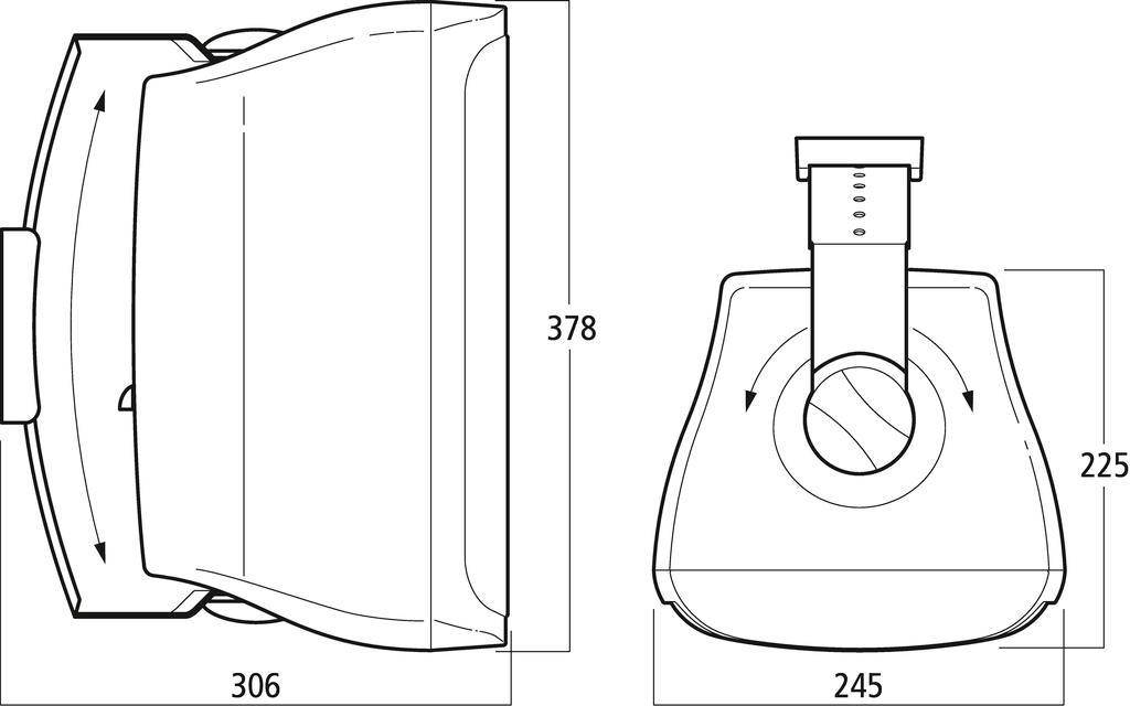 Technický výkres elektronického zařízení s pohledem zepředu a z boku. Rozměry: šířka 306 mm, výška 378 mm, hloubka 245 mm.