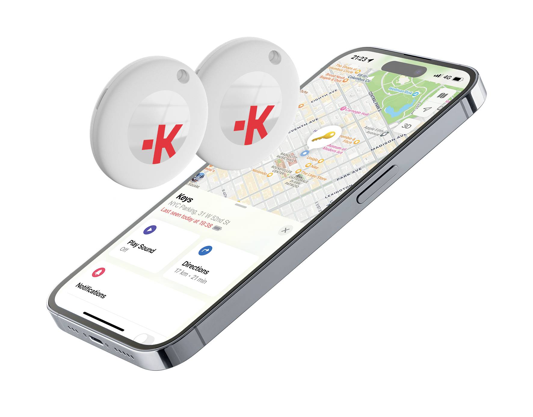 Smartphone zobrazuje mapovou aplikaci s vyznačenou polohou. Vedle něj jsou dvě kulatá zařízení s logem '-K'.
