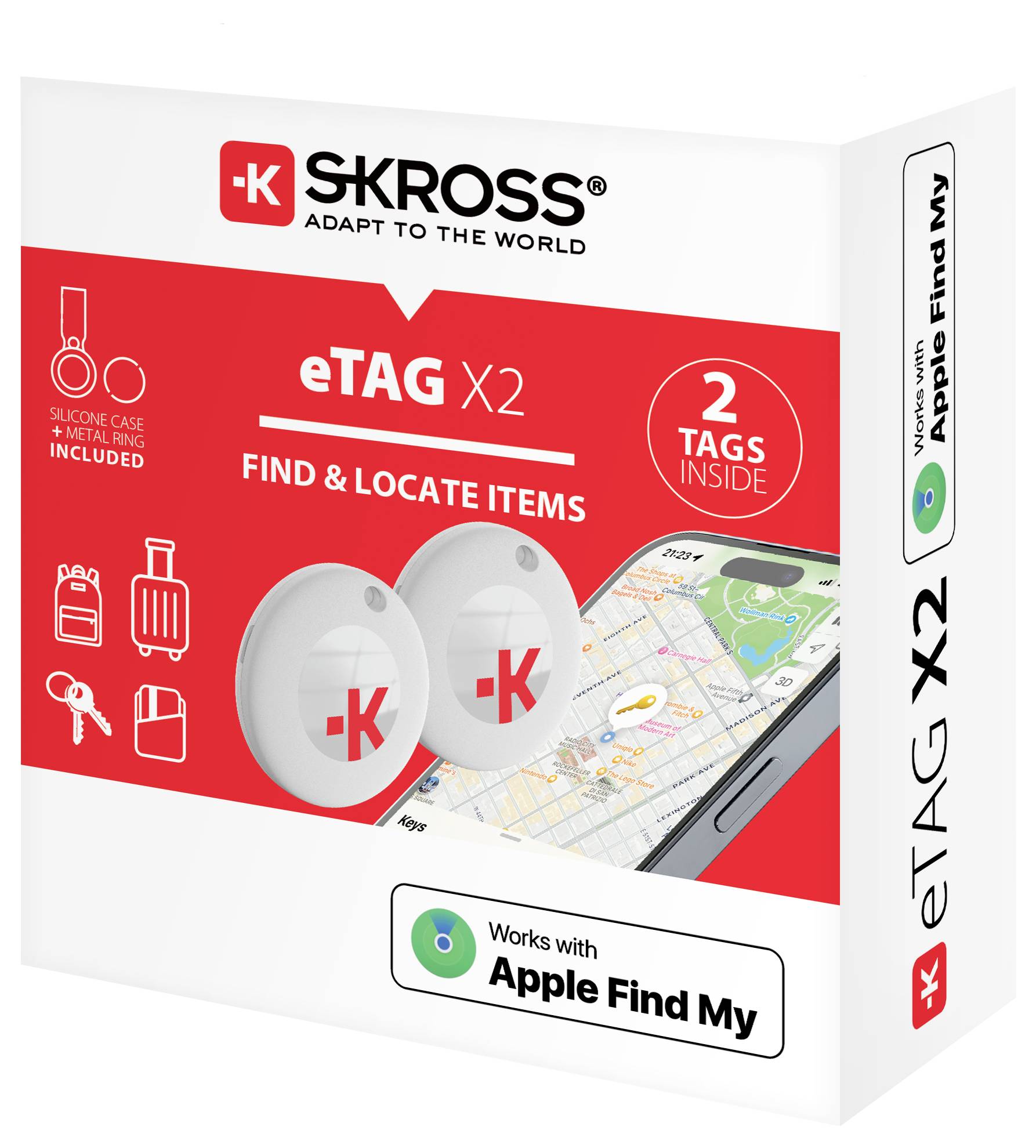 Balení SKROSS eTAG X2. Dva bílé štítky pro lokalizaci předmětů pomocí Apple Find My. Obsahuje silikonový obal a kovový kroužek.