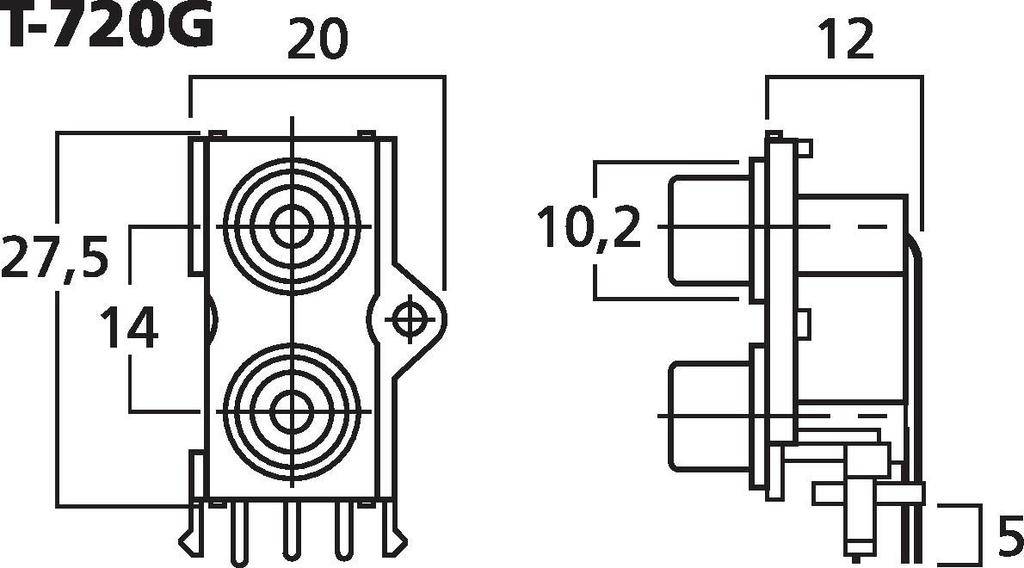 Technický diagram zobrazuje rozměry elektrického konektoru. Vlevo: výška 27,5 mm, šířka 20 mm. Vpravo: hloubka 12 mm. Připojovací kolíky dole.