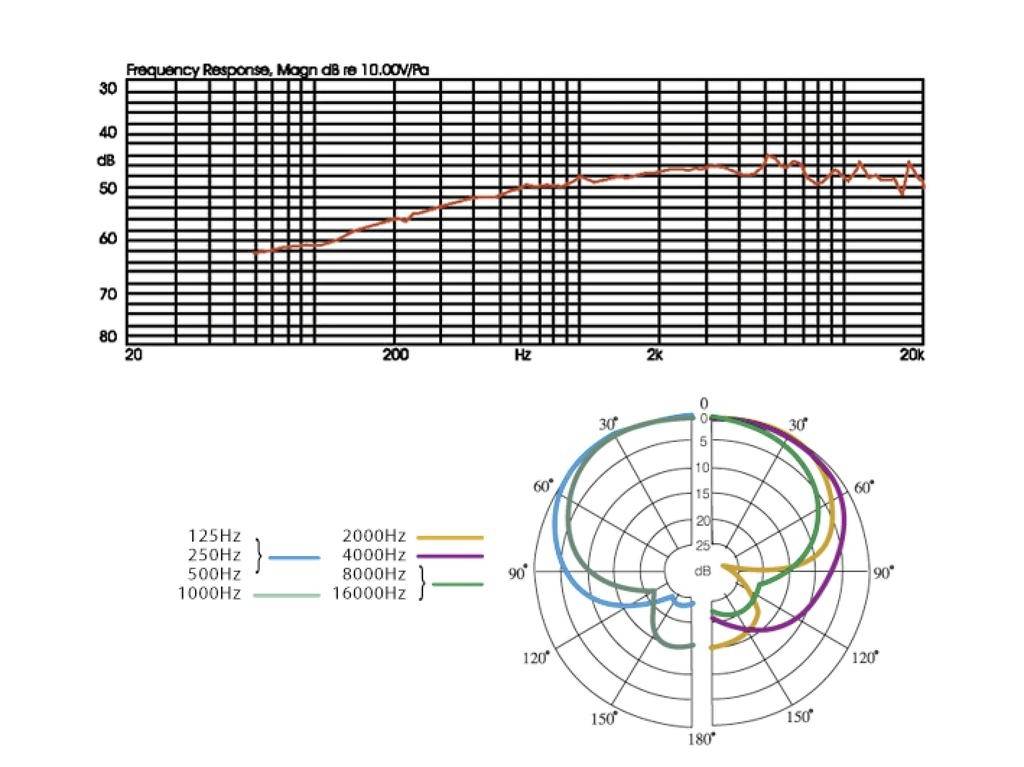 Frekvenční charakteristika a směrová charakteristika reproduktoru: Horní graf ukazuje frekvenční rozsah od 20 Hz do 20 kHz. Polární diagram dole zobrazuje směrovou charakteristiku při různých frekvencích.