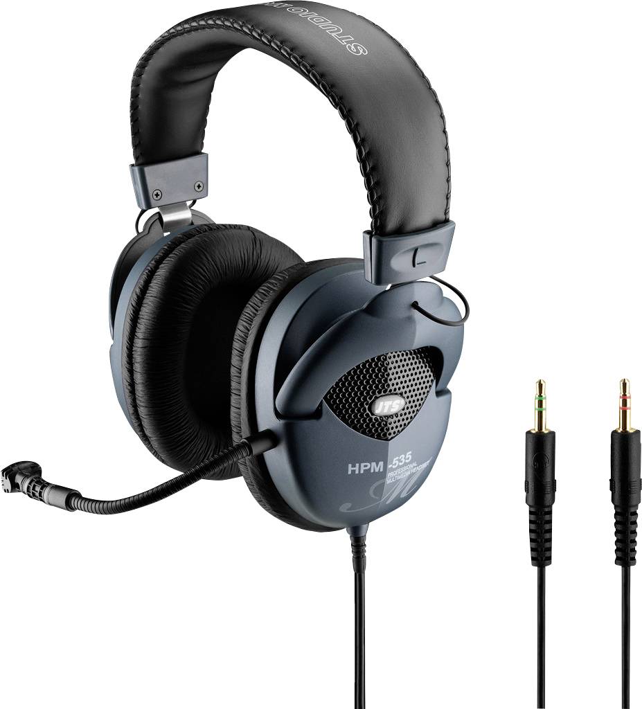 Černé over-ear sluchátka s mikrofonem, propojené kabelem se dvěma 3,5mm jacky; potisk firemní značky.