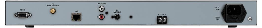Zadní strana elektronického zařízení s různými konektory: RS 232, USB, LAN, SPDIF Out, koaxiální, optický a napájecí konektor.