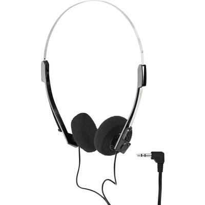 Jednoduché sluchátka s obloukem, černým polstrováním a 3,5mm audio kabelovým konektorem.