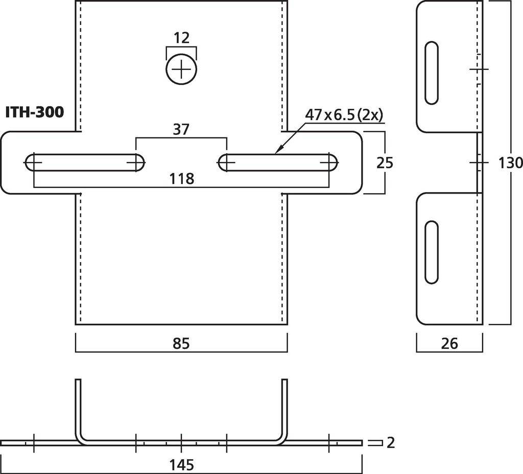 Technický výkres kovového držáku s rozměry: šířka 145 mm, výška 130 mm. Otvory: dva 47 x 6,5 mm štěrbinové otvory, 12 mm kulatý otvor.