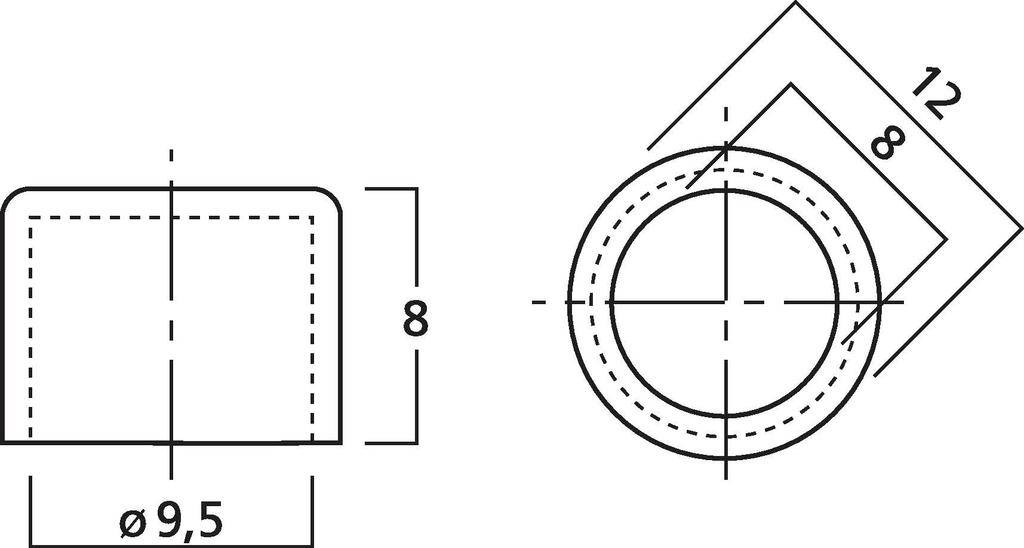 Technický výkres válcovitého objektu s průměrem základny 9,5 mm. Objekt má výšku 8 mm a vejde se do rámu o rozměrech 12x12 mm.