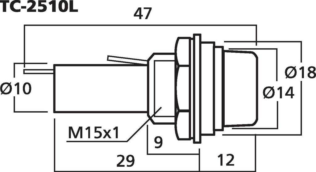 Technický výkres elektrické zástrčky TC-2510L s rozměry: celková délka 47 mm, Ø10 mm, závit M15x1, Ø18 mm.