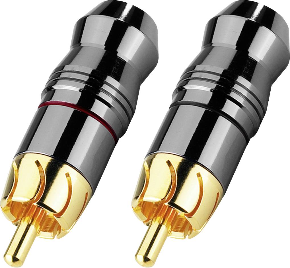 Dva RCA konektory z kovu se zlatými kontakty, jeden s červeným kroužkem. Používají se pro analogové audio- a videosignály.