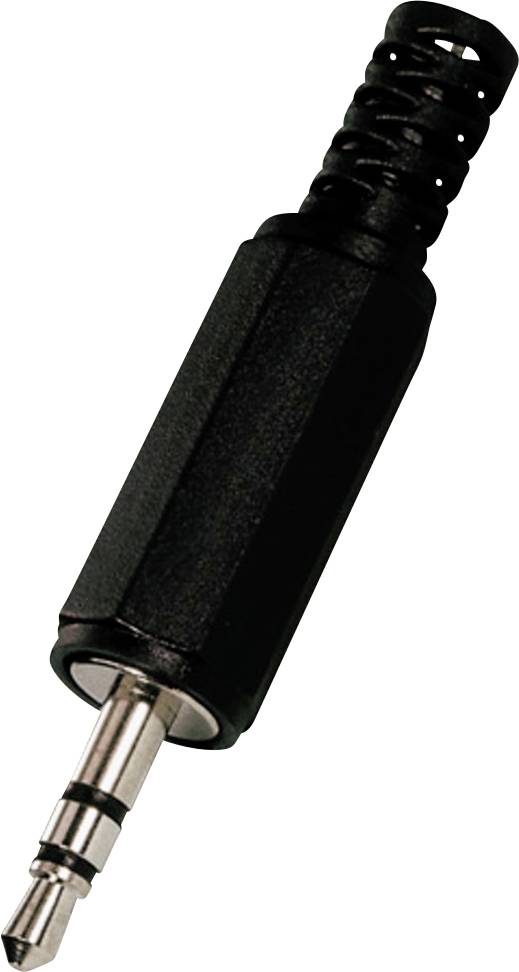 Černý 3,5mm jack konektor v diagonálním pohledu, zobrazující kovový hrot a plastovou rukojeť, používaný pro audizařízení.