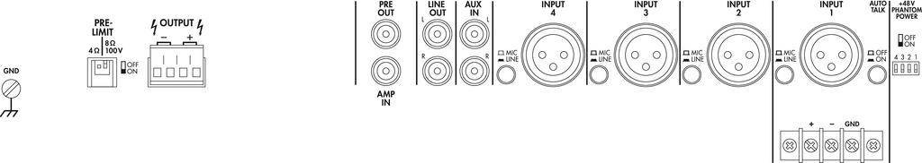 Diagram audio zesilovače s přípoji: GND, předzesilovač, výstupy reproduktorů, AMP IN, PH OUT, AUX IN.
