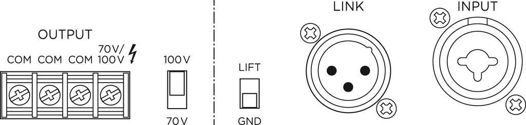 Schéma zvukových konektorů: 'Výstup' s několika svorkami, 'Lift' a 'GND' přepínač. 'Link' a 'Input' kulaté zástrčkové konektory.