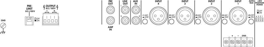 Diagram zvukového mixážního pultu zobrazuje vstupy a výstupy: AMP IN, PIN OUT, INPUT 1-3, ALL PASS OUT. Symboly pro elektrické kategorie.