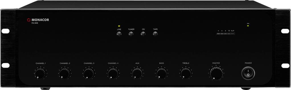 Černý audiovzesilovač s několika otočnými knoflíky pro nastavení a přípojkami, označený jako 'MONACOR PA-900'.