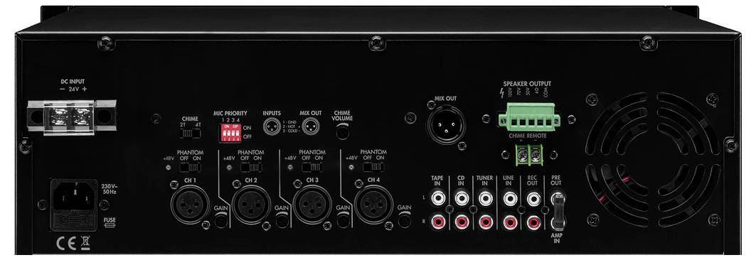 Pohled zezadu na audiozesilovač s různými audiovstupními konektory a ovládacími prvky, včetně XLR a RCA vstupů.