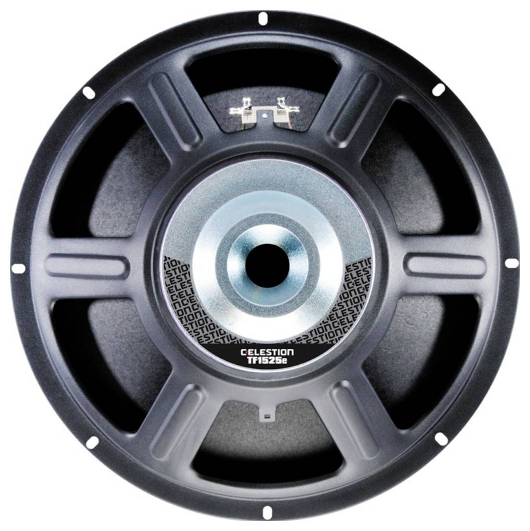 Kulatý kovový reproduktor, model Celestion T1235e, zobrazený čelním pohledem. Střed ukazuje kovovou strukturu a štítek.