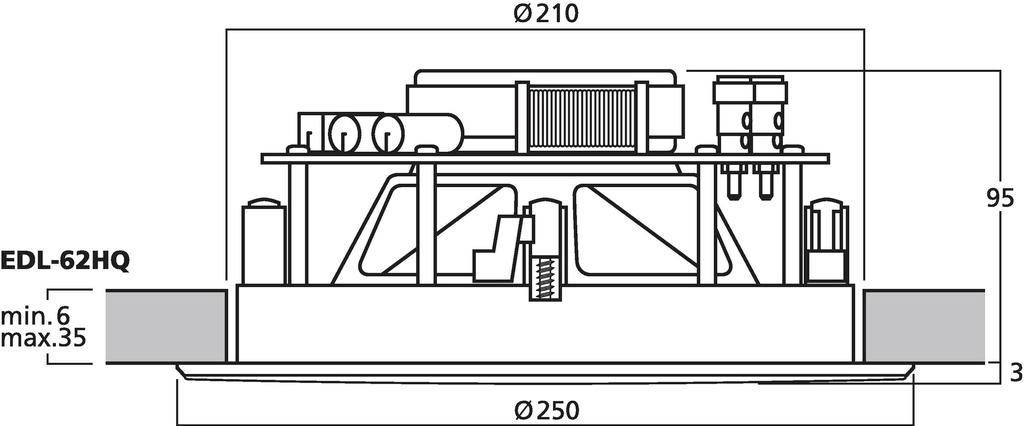 Technický výkres kulatého zařízení s několika úrovněmi a komponenty. Rozměry: průměr 250 mm, výška 95 mm.